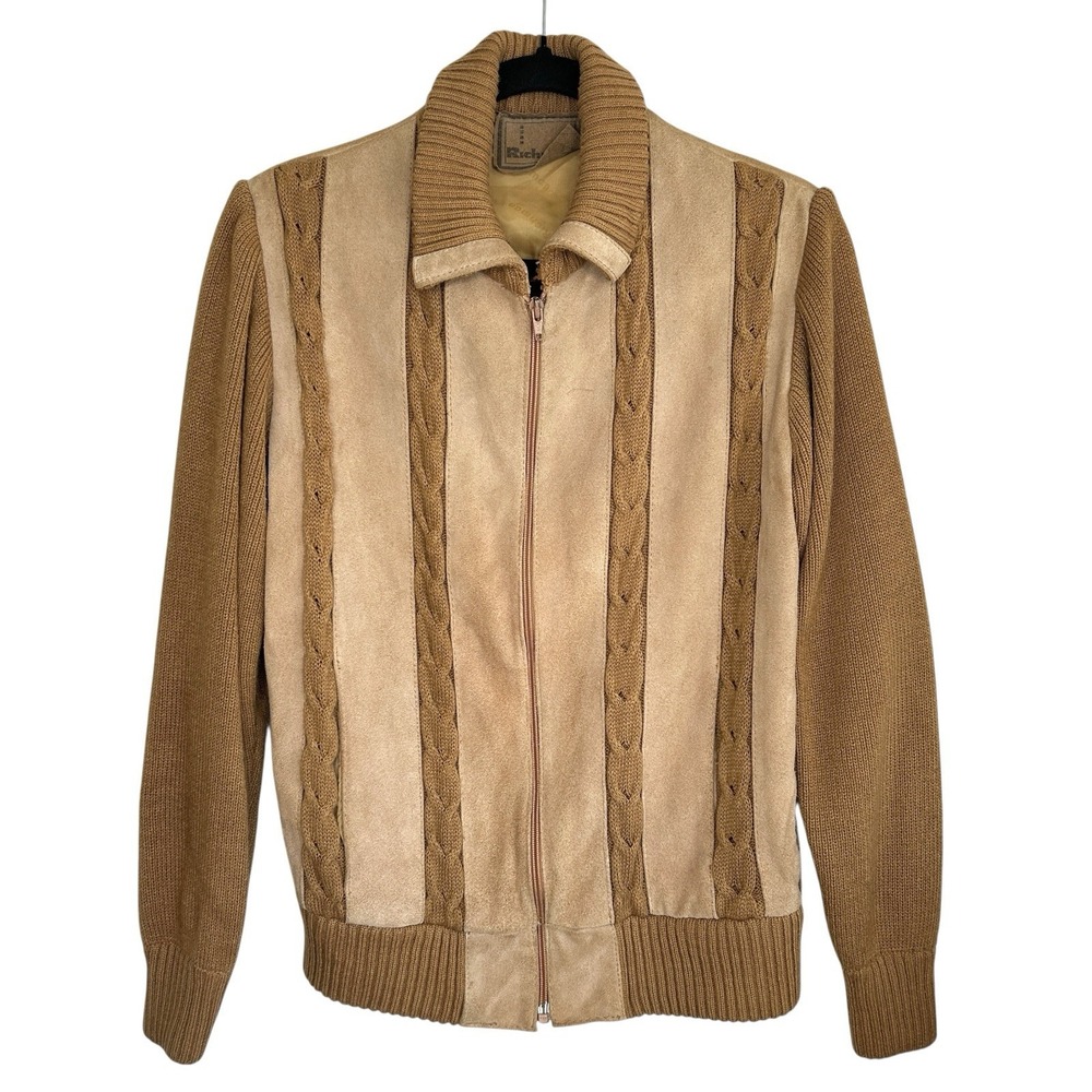 Vintage Richman Suede Cable Knit Zip Jacket Small Retro Indie Preppy 70s Hipster